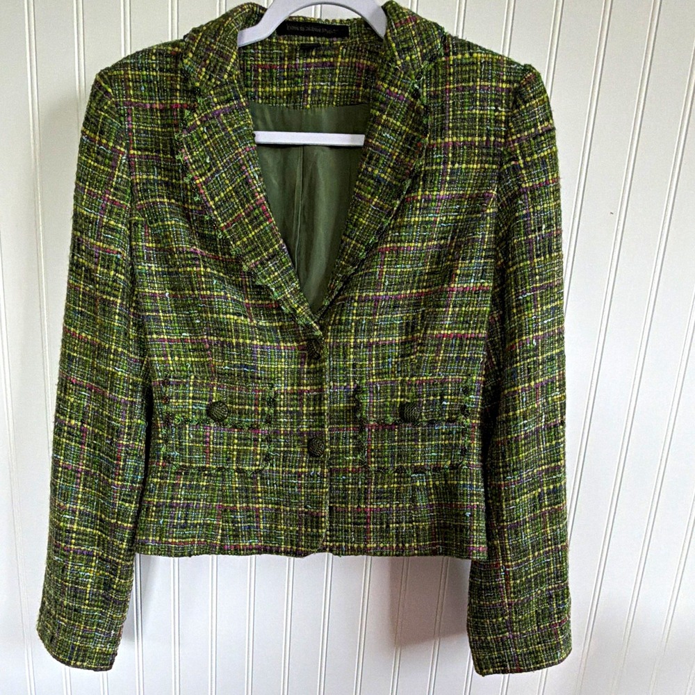 Women's Size 10 Plaid Tweed Blazer Green Jacket Vintage Preppy Office Earthy